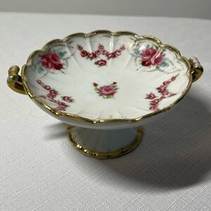 Noritake White and Pink Floral Trinket Dish with Gold Handles